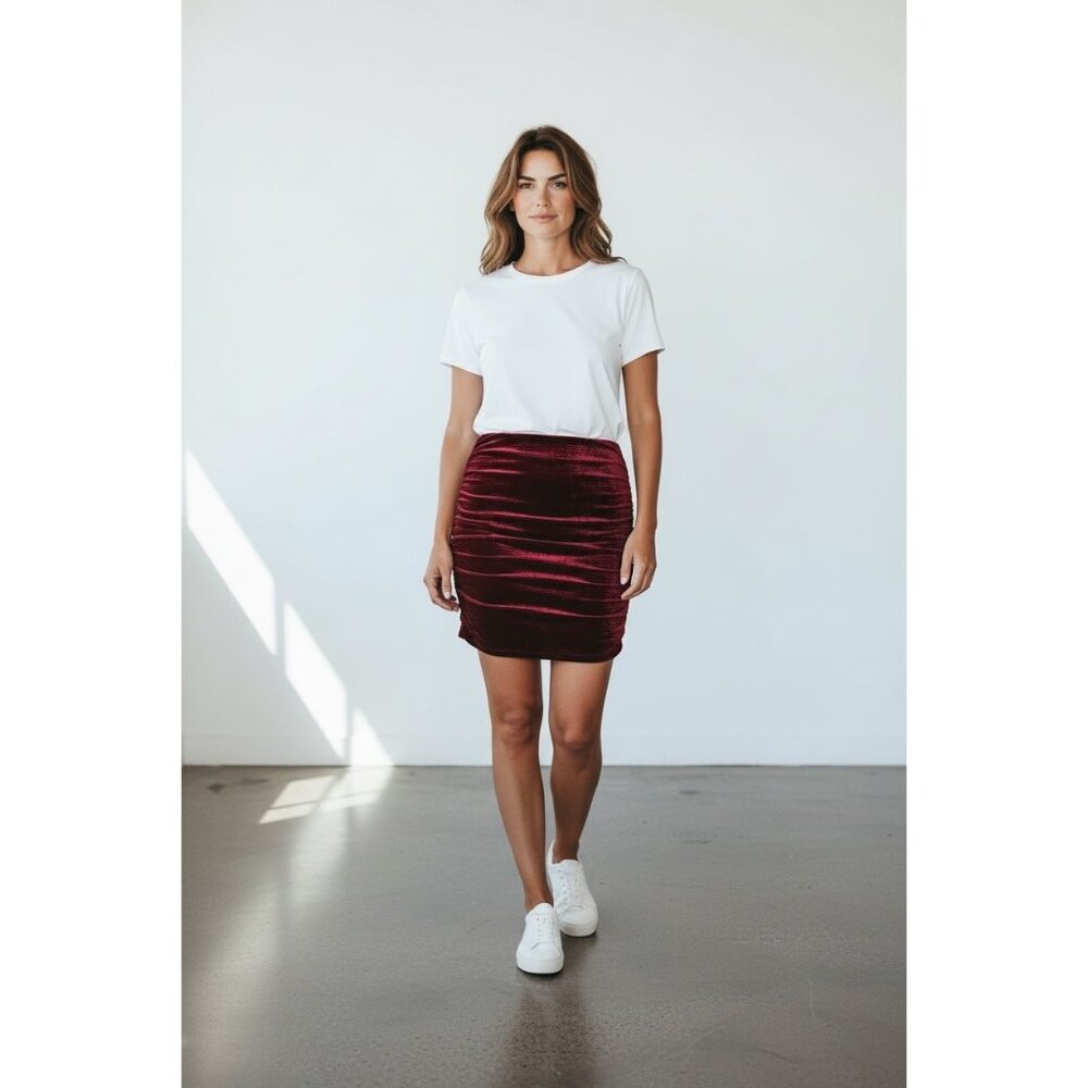 Naked Wardrobe Burgundy Velvet Ruched Mini Skirt Womens LARGE